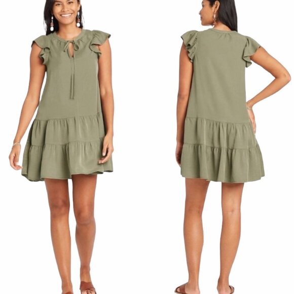 Knox Rose Dresses & Skirts - KNOX ROSE Olive Green Boho Tier Ruffle Mini Dress Boho Festival summer flirty XS